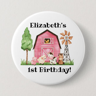 Farm Thmet First Birthday - Namn Button Pin Knapp