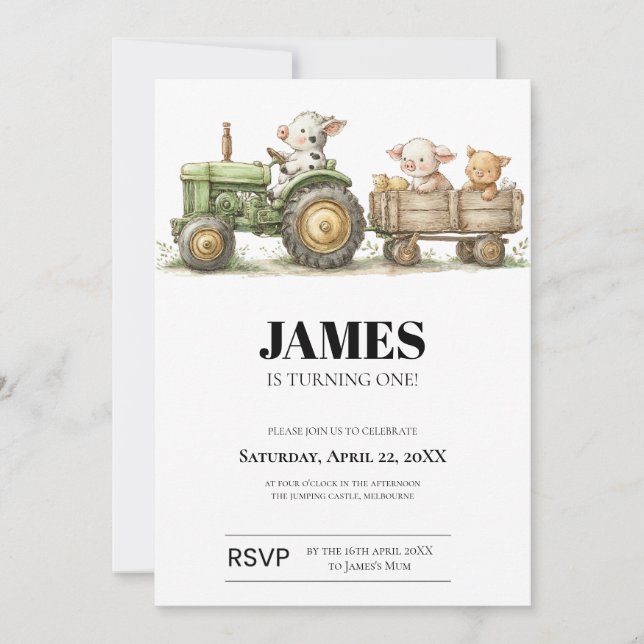 Farm Tractor Birthday Invitation | Barnyard Animal Kort (Framsida)