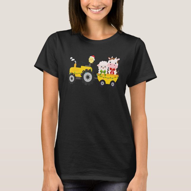 Farm Tractor Cow Sheep Chick Christmas Xmas Family T Shirt (Framsida)