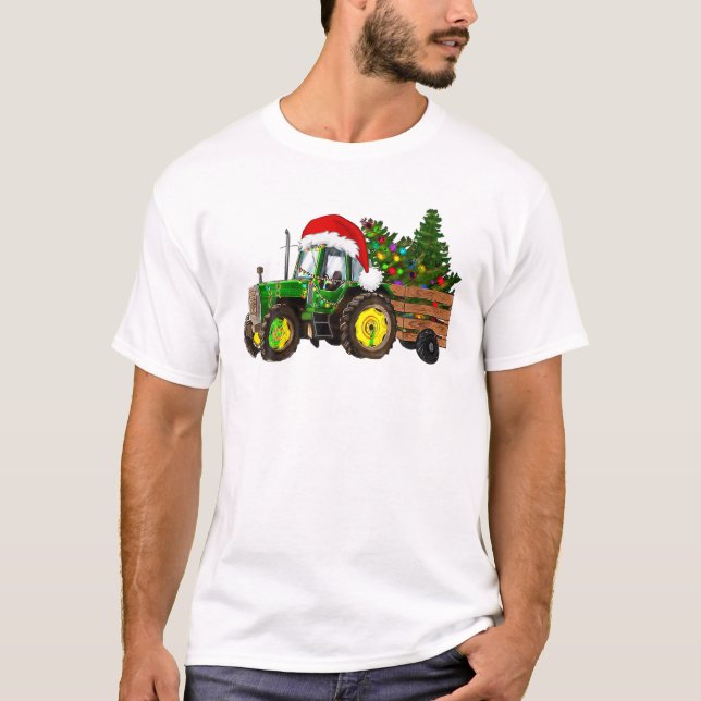 Farm Tractor Julafton Träd Ljus T Shirt (Framsida)