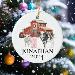 Farm Watercolor Cow Gris Barn Monogram Julgransprydnad Keramik<br><div class="desc">Den här designen kan vara personlig i det område som tillhandahålls genom att ändra fotot och/eller text. Du kan också anpassa den genom att klicka på Anpassa den här mallen och sedan välja klicka för att anpassa ytterligare alternativ och ta bort eller ändra färg i bakgrunden, lägga till text, ändra...</div>