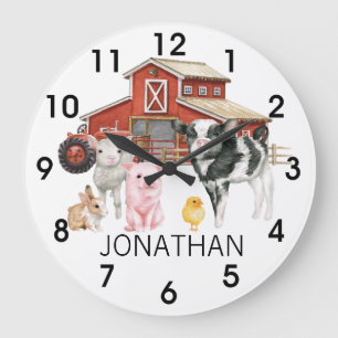 Farm Watercolor Cow Gris Barn Monogram Stor Klocka