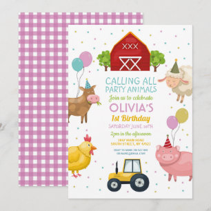 Farm Yard Animals 1st Barns födelsedag Rosa Girls Inbjudningar