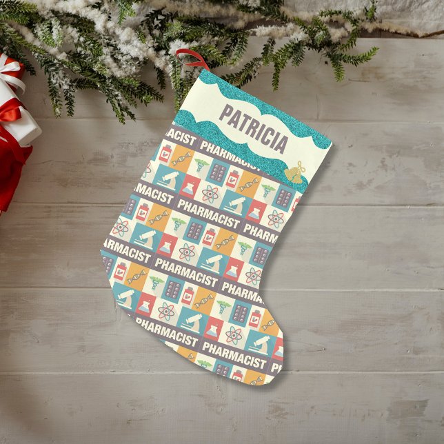 Farmaceut | Faux Teal Glitter Liten Julstrumpa (Skapare uppladdad)