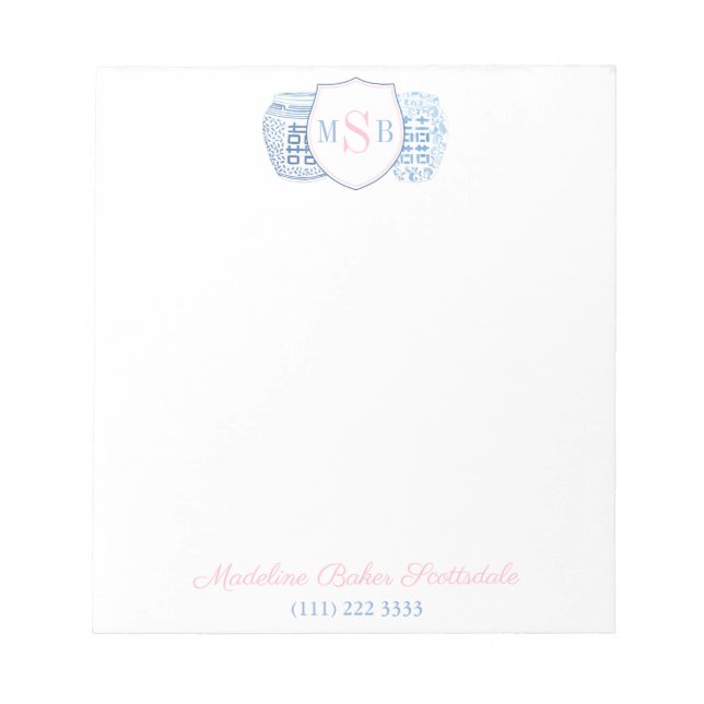 Farmaceutisk Rosa och Blue Ginger Burk Monogram Anteckningsblock (Framsida)