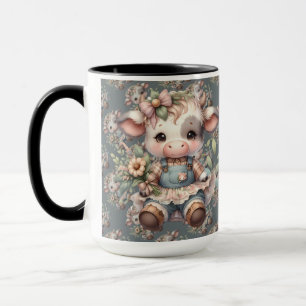 Farmcore Kawaii Calf i Vintage Blommigt Dress Mugg