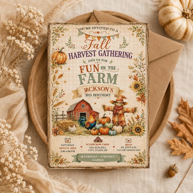 Farmegårds-skräddare Höst Liten Pojke 3:e  Inbjudningar (Down on the Farm 3rd birthday party invitation)