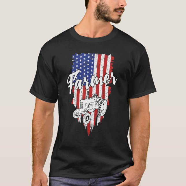 Farmer American Flagga Retro Farming Tractor Usa P T Shirt (Framsida)