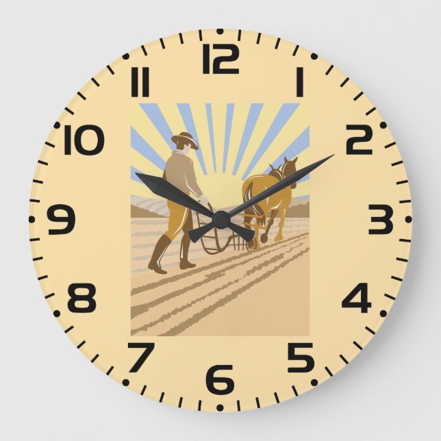 Farmer and Horse Plowing Field Retro Sunrise Stor Klocka (Framsida)