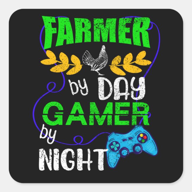 Farmer by Day Gamer by Night Fyrkantigt Klistermärke (Framsida)