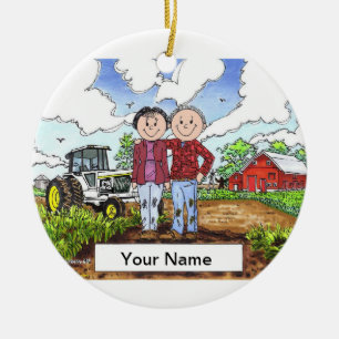 Farmer Couple - White Tractor Julgransprydnad Keramik