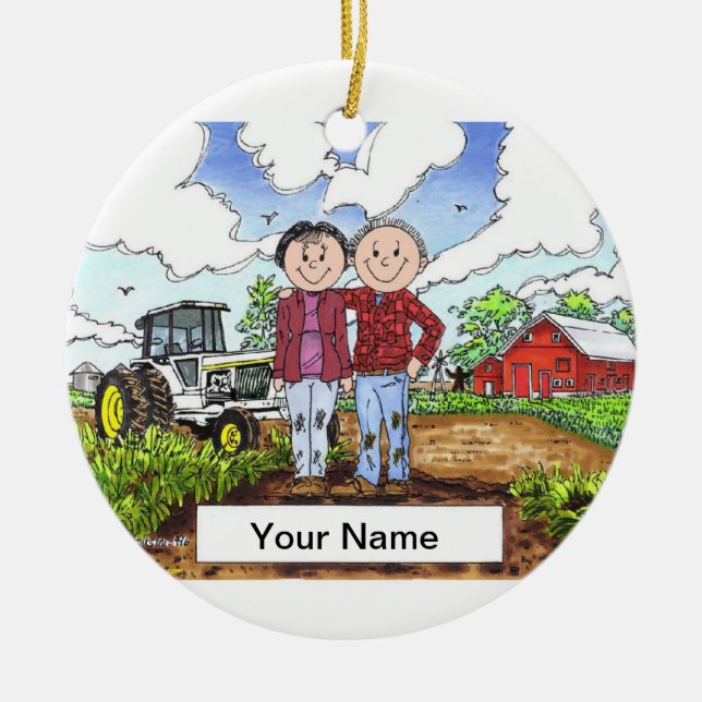 Farmer Couple - White Tractor Julgransprydnad Keramik (Framsidan)