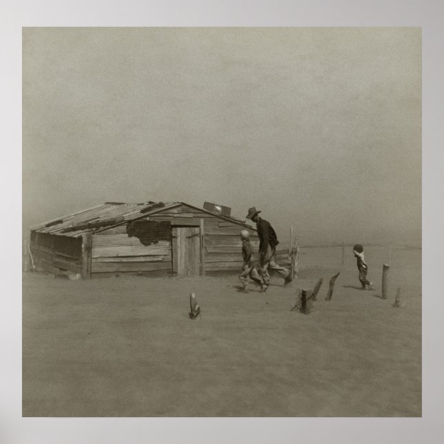 Farmer och Sons Walking in a Dust Storm Poster (Framsidan)