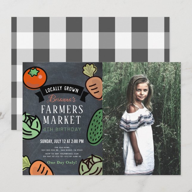 Farmers Market Chalkboard Kids Photo Birthday Inbjudningar (Fram/baksida)