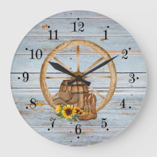 Farmhouse Barrel Wagon Wheel Faux Wood Wall Clock Stor Klocka