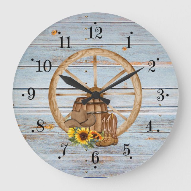 Farmhouse Barrel Wagon Wheel Faux Wood Wall Clock Stor Klocka (Framsida)