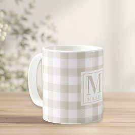 Farmhouse Beige Buffalo-ruta Familjenamn Monogram Kaffemugg