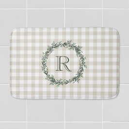 Farmhouse Beige Buffalo-rutig Krans Initial Badrumsmatta