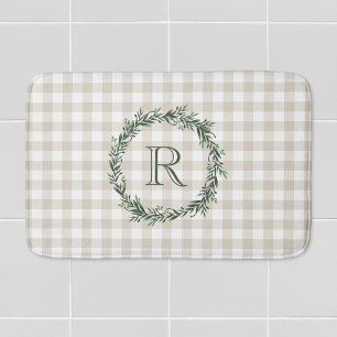 Farmhouse Beige Buffalo-rutig Krans Initial Badrumsmatta