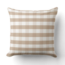 Farmhouse Beige Gingham Check Plaid Throw Pillow