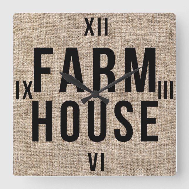 FARMHOUSE Black Lettering Rustic Burlap Sacking Fyrkantig Klocka (Framsida)
