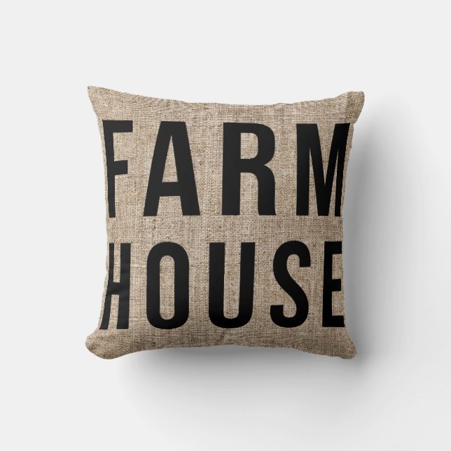 FARMHOUSE Black Lettering Rustic Burlap Sacking Kudde (Framsida)