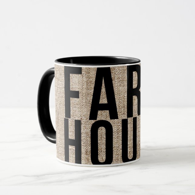 FARMHOUSE Black Lettering Rustic Burlap Sacking Mugg (Framsida vänster)