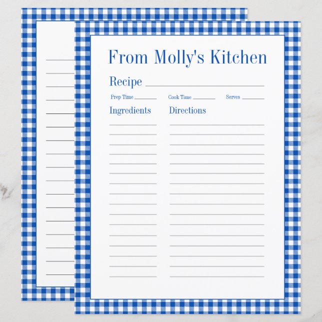 Farmhouse Blue and White Gingham Play Recipe Page (Fram/baksida)