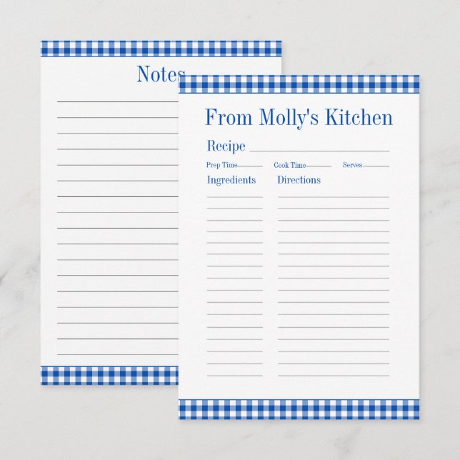 Farmhouse Blue och White Gingham Play Recipe Anteckningskort (Fram/baksida)
