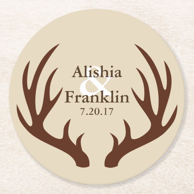 Farmhouse Brown Antlers Bride & Groom Bröllop Datu Underlägg Papper Rund (Framsidan)