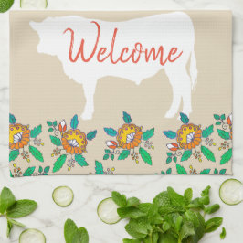Farmhouse Bull Cow Silhouette & Land Flowers Kökshandduk