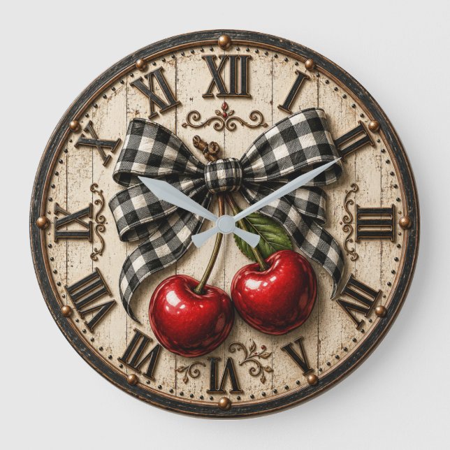 Farmhouse Cherry Rustic Buffalo Plaid Kitchen Stor Klocka (Framsida)