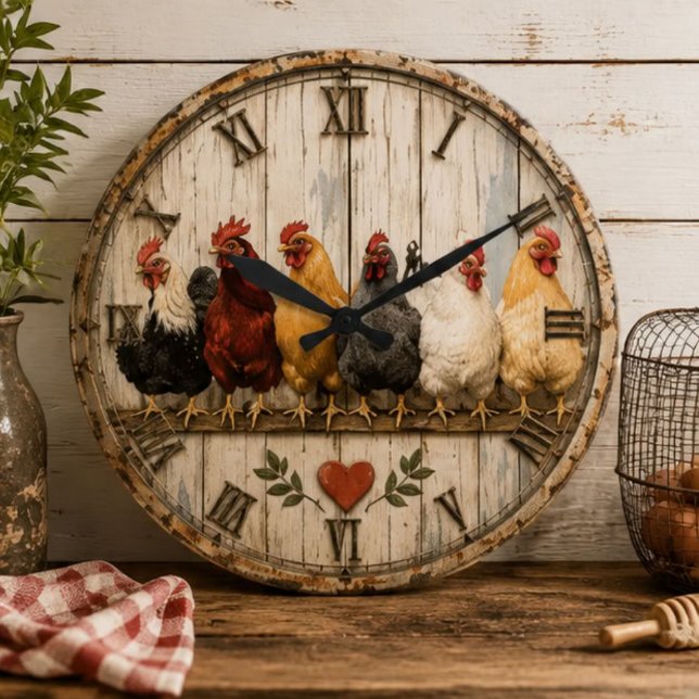 Farmhouse Chicken Rustic  Stor Klocka (Skapare uppladdad)