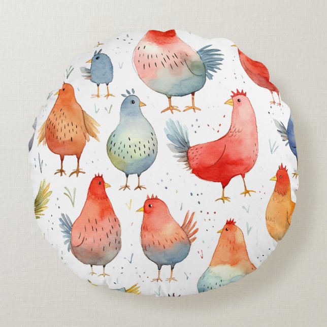 Farmhouse Chickens Rund Kudde (Framsidan)