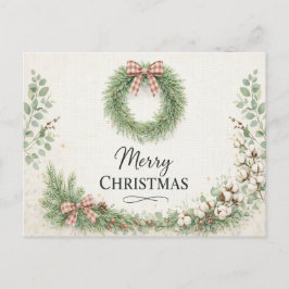 Farmhouse Cotton Wreath Merry Christmas  Helg Vykort