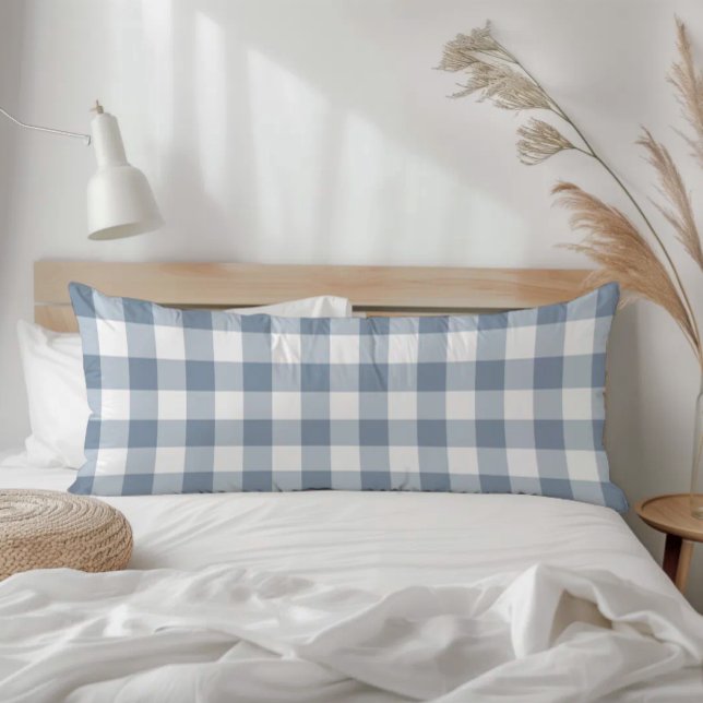 Farmhouse Dusty Blue Rustic Gingham Check Plaid Kroppskudde (Skapare uppladdad)