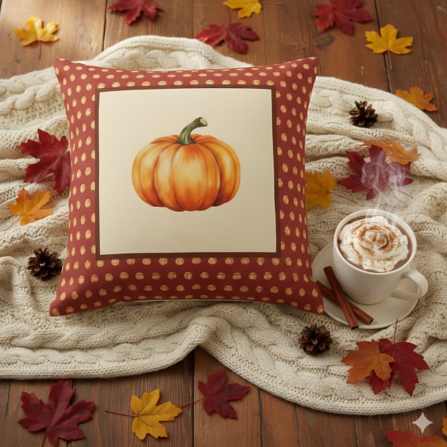 Farmhouse Fall Decor med Pumpkin - Retro Autumn Kudde (Decorative pumpkin pillow with fall leaves background.)