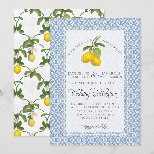 Farmhouse Garden Lemon BOHO Citrus Blue and White Inbjudningar (Fram/baksida)