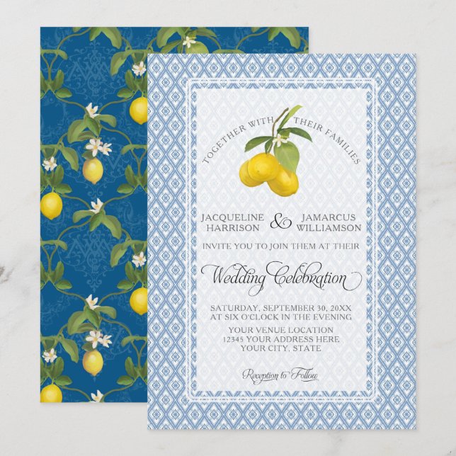 Farmhouse Garden Lemon BOHO Citrus Navy and White Inbjudningar (Fram/baksida)