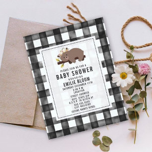 Farmhouse Gingham Boho Sömnig Bear Baby Shower Inbjudningar