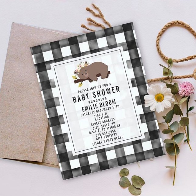 Farmhouse Gingham Boho Sömnig Bear Baby Shower Inbjudningar (Skapare uppladdad)