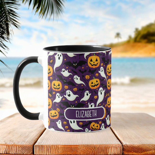 Farmhouse Halloween Fladdermus Pumpkin Mönster Lil Mugg (Farmhouse Halloween Bats Pumpkin Pattern Purple Mug)