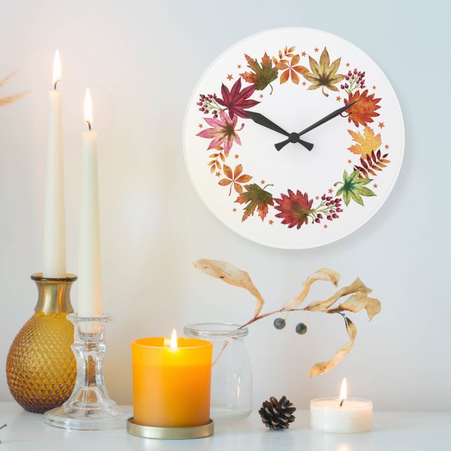 Farmhouse Harvest Fall Höst löv Wandeans Stor Klocka (Farmhouse Harvest Fall Autumn Leaves Wreath Large Clock)
