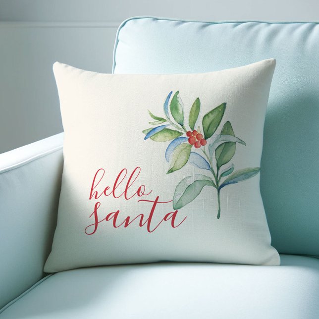 Farmhouse Helgdag Pillows Watercolor Holly Kudde (Cute Christmas throw pillow botanical watercolor art by Victoria Grigaliunas Do Tell A Belle)