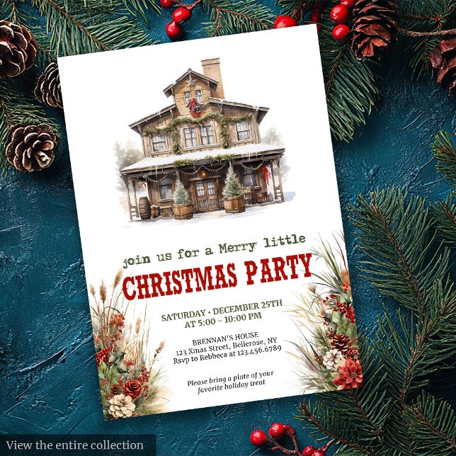 Farmhouse julfest utskrivbar röd grön  inbjudningar (Farmhouse Christmas party printable red green invite

)