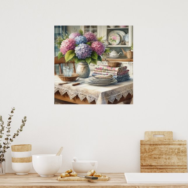 Farmhouse Kitchen med Hydrangea Flowers Poster (Kök)