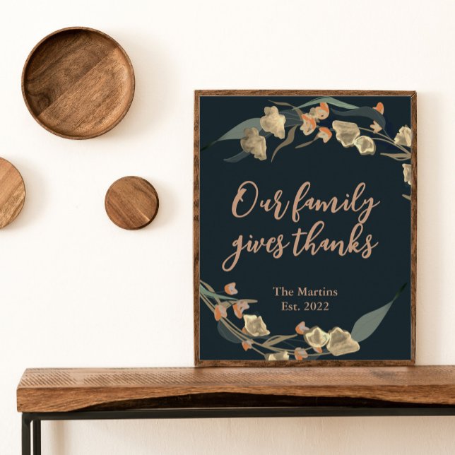 Farmhouse Navy Botanical Thanksgiving Quote Family Poster (Skapare uppladdad)