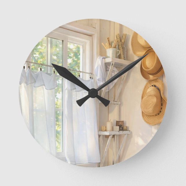 Farmhouse Neutral Clock "Curtain in the Wind" Rund Klocka (Framsida)