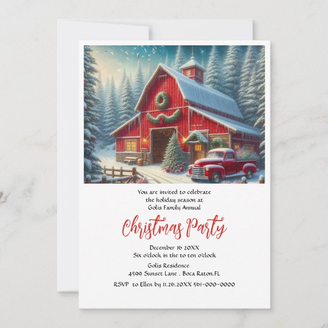 Farmhouse och röd lastbil julfest  inbjudningar (Framsida)