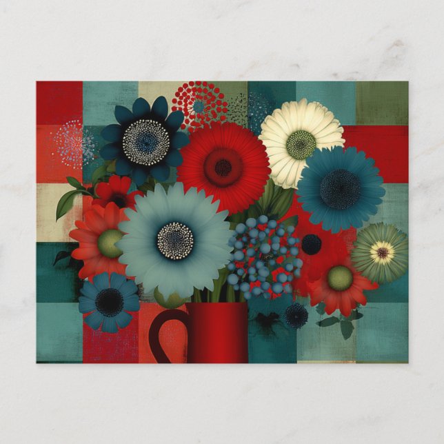 Farmhouse Patchwork Blå Bärbukett Vykort (Framsida)